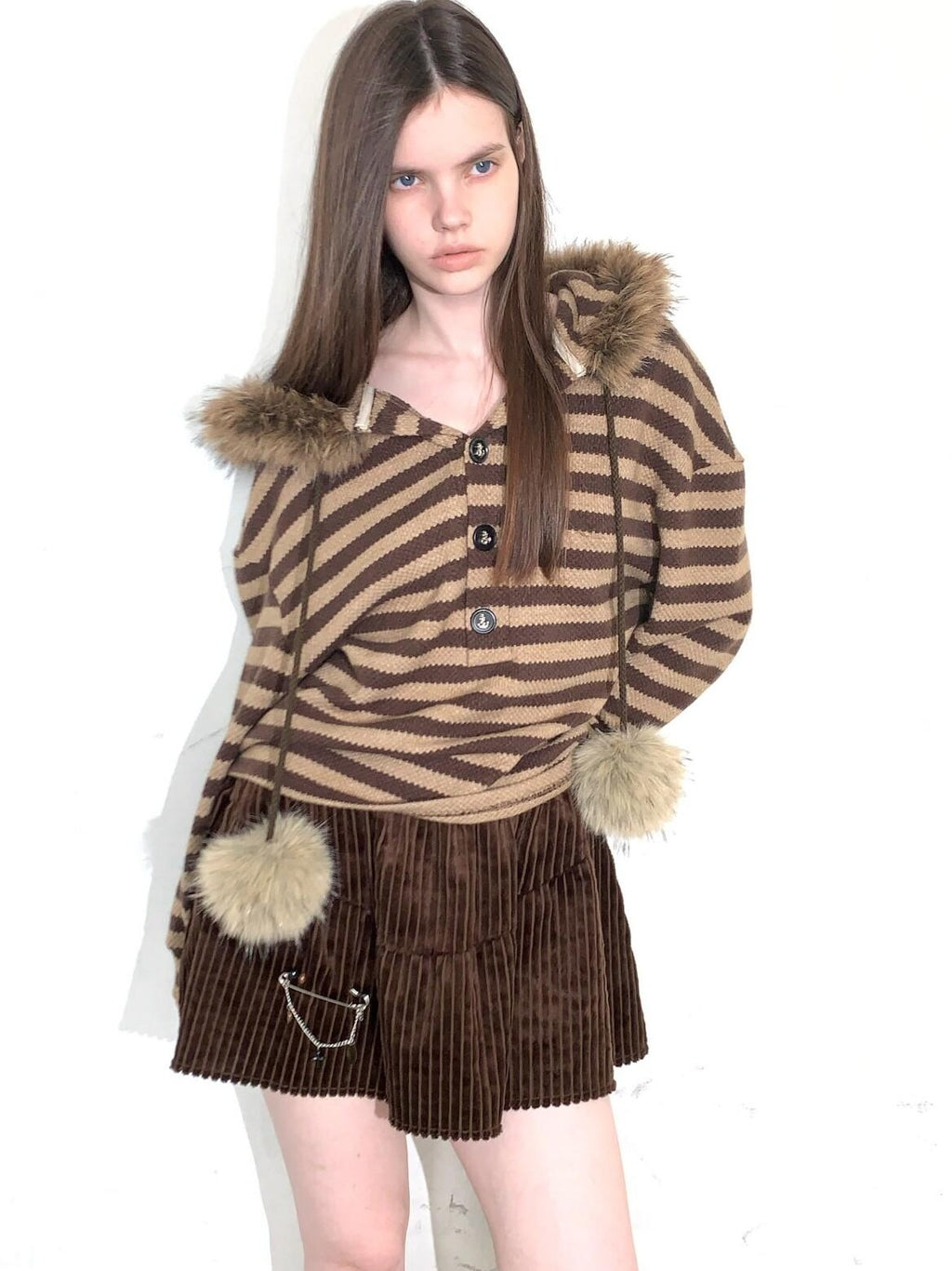 UNIVERSE Vintage Slouchy Striped Pompom Fur Collar Hooded Women's Acrylic Blend Hoodies