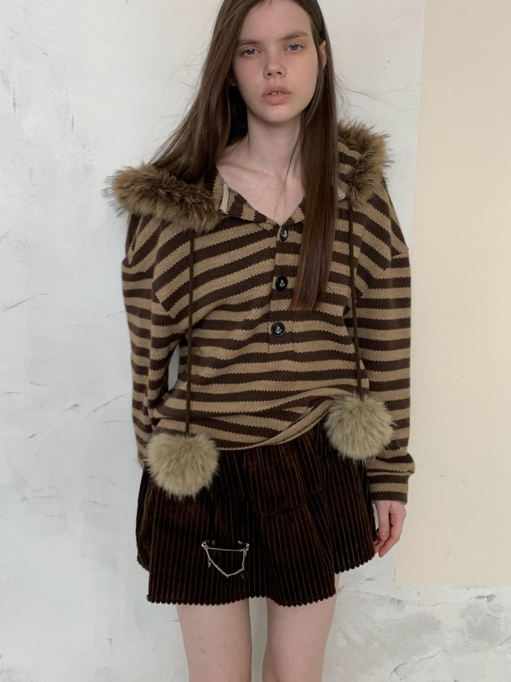 UNIVERSE Vintage Slouchy Striped Pompom Fur Collar Hooded Women's Acrylic Blend Hoodies