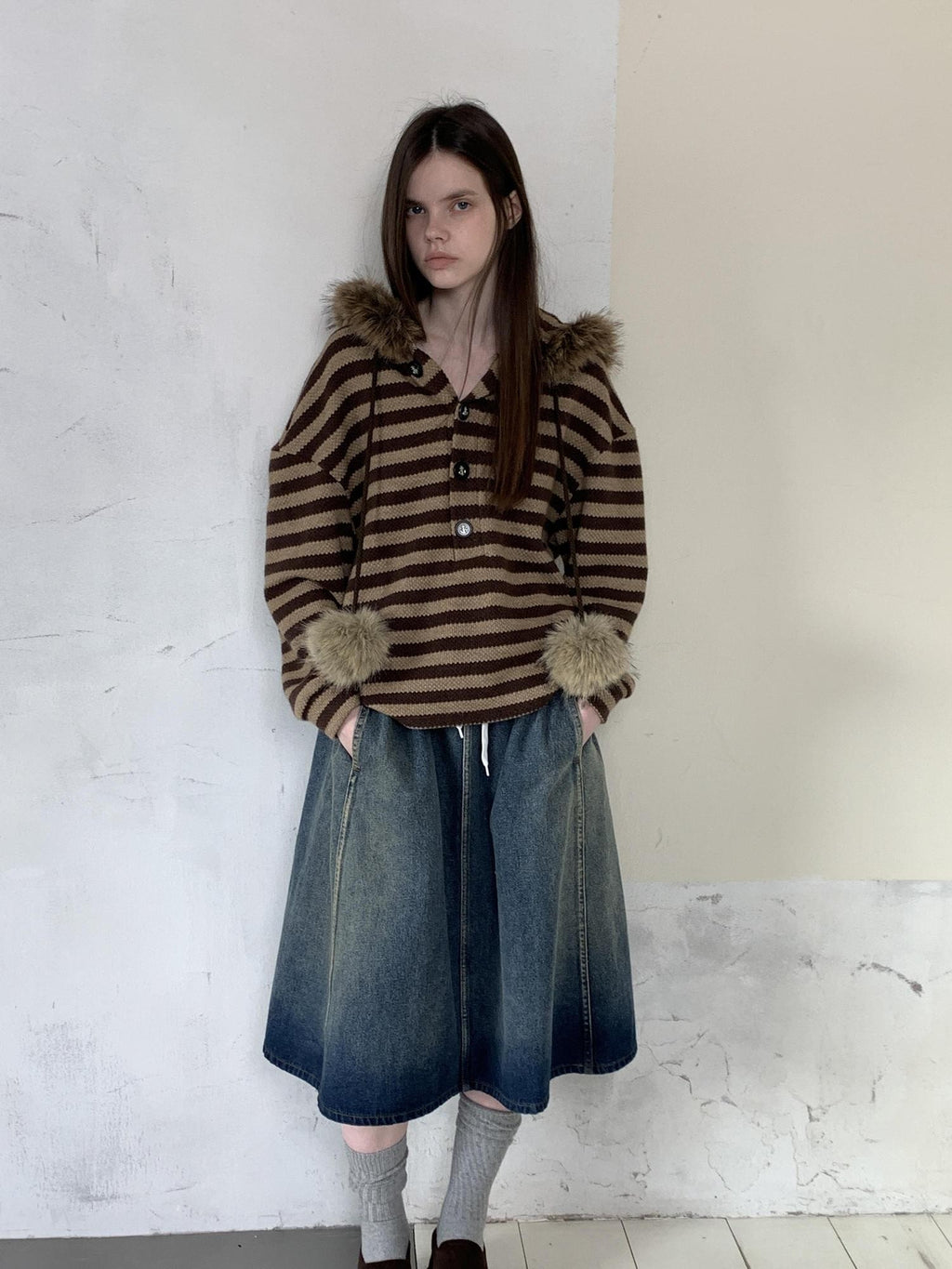 UNIVERSE Vintage Slouchy Striped Pompom Fur Collar Hooded Women's Acrylic Blend Hoodies