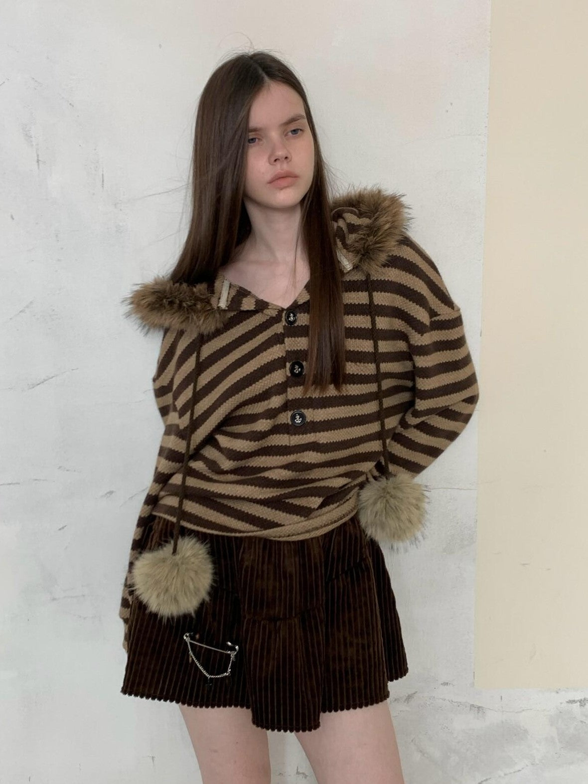 UNIVERSE Vintage Slouchy Striped Pompom Fur Collar Hooded Women's Acrylic Blend Hoodies