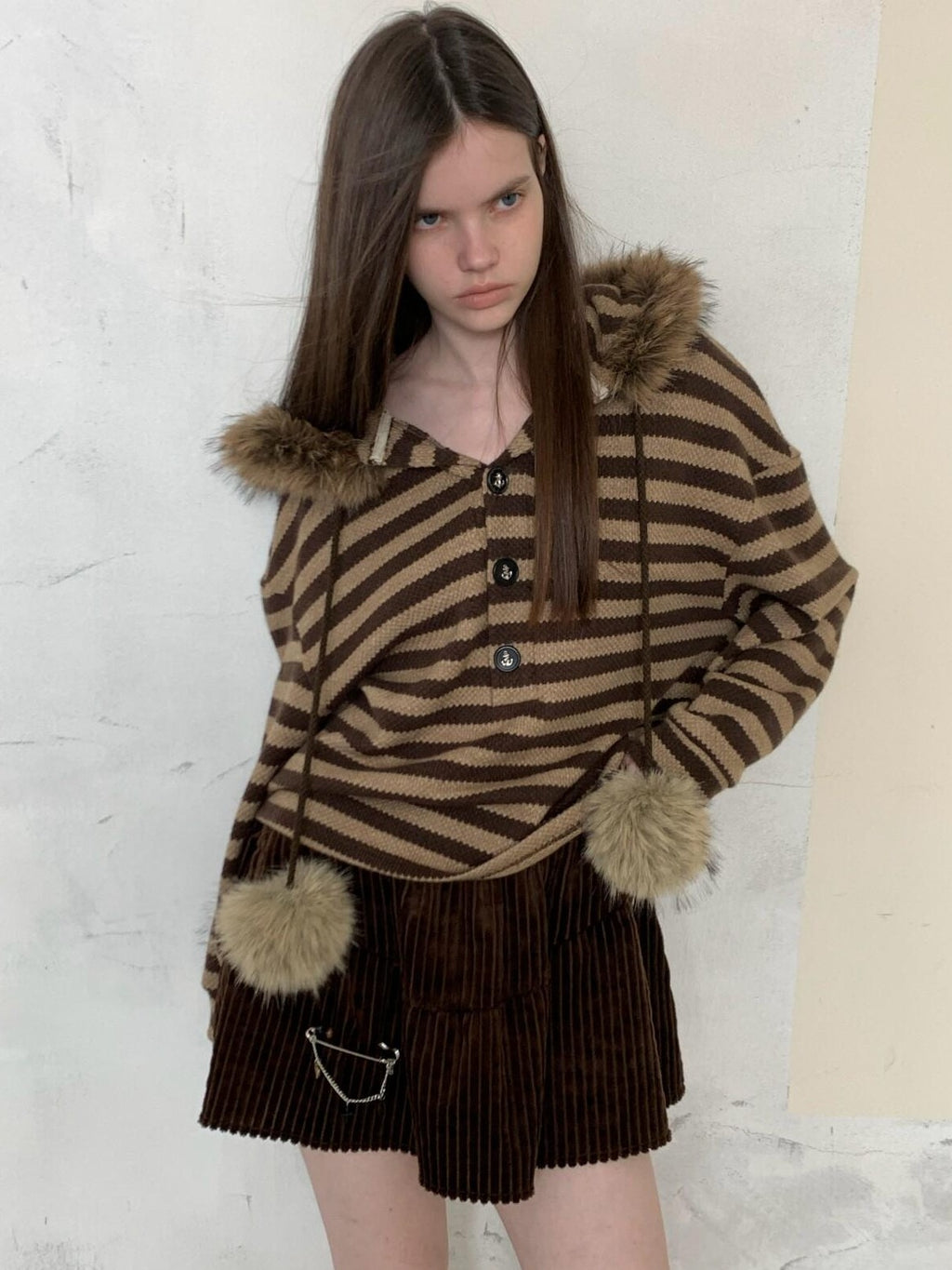 UNIVERSE Vintage Slouchy Striped Pompom Fur Collar Hooded Women's Acrylic Blend Hoodies