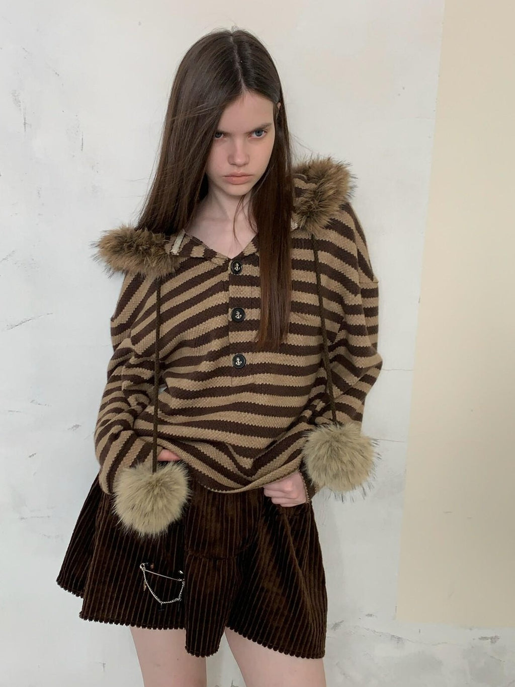 UNIVERSE Vintage Slouchy Striped Pompom Fur Collar Hooded Women's Acrylic Blend Hoodies