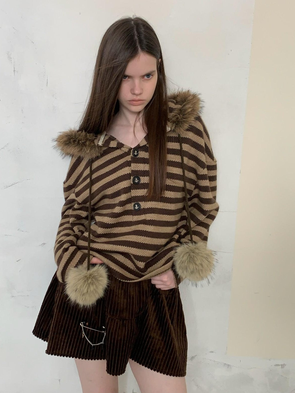 UNIVERSE Vintage Slouchy Striped Pompom Fur Collar Hooded Women's Acrylic Blend Hoodies