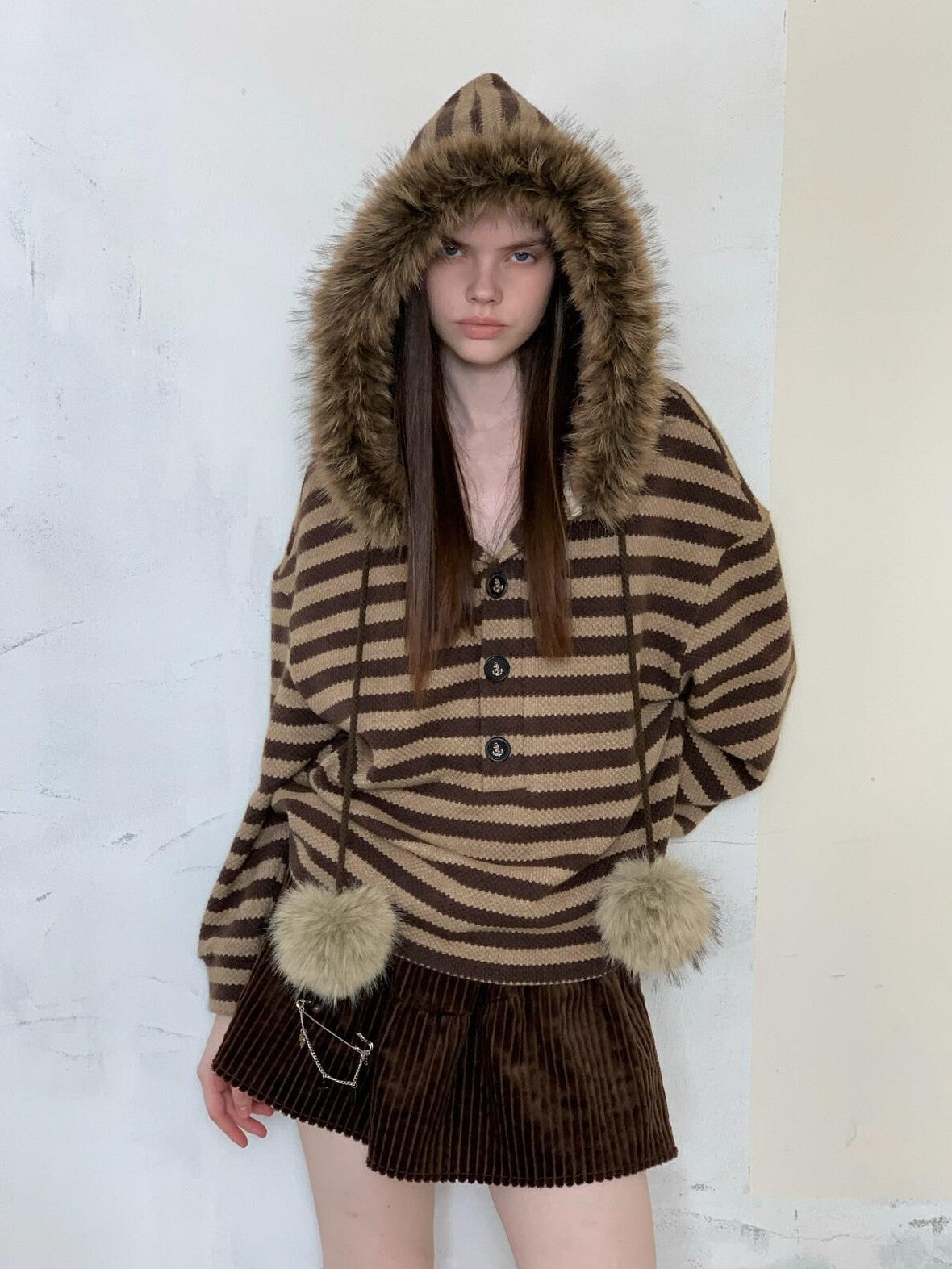 UNIVERSE Vintage Slouchy Striped Pompom Fur Collar Hooded Women's Acrylic Blend Hoodies