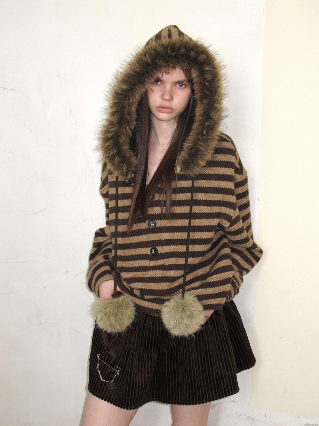 UNIVERSE Vintage Slouchy Striped Pompom Fur Collar Hooded Women's Acrylic Blend Hoodies