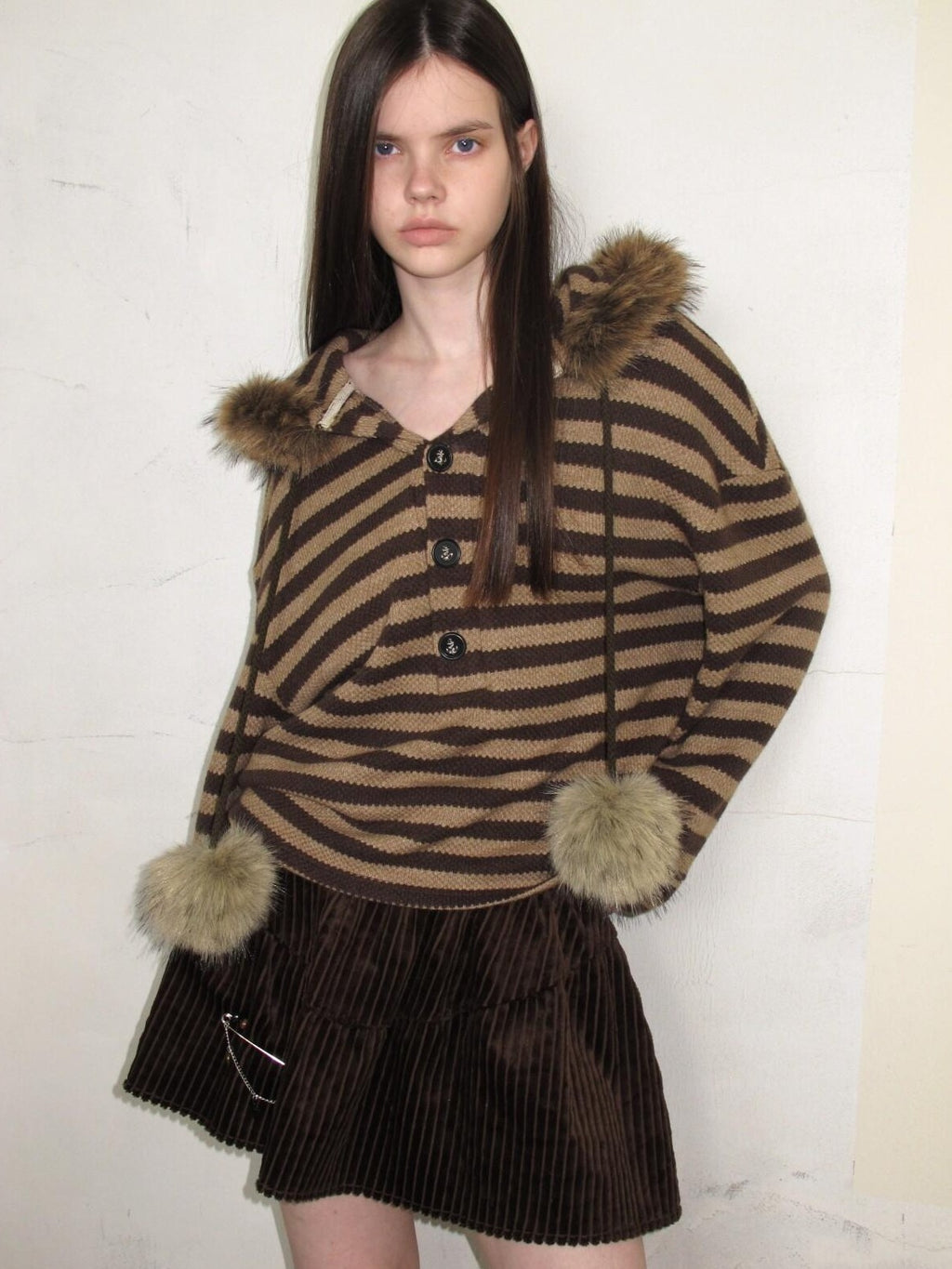UNIVERSE Vintage Slouchy Striped Pompom Fur Collar Hooded Women's Acrylic Blend Hoodies