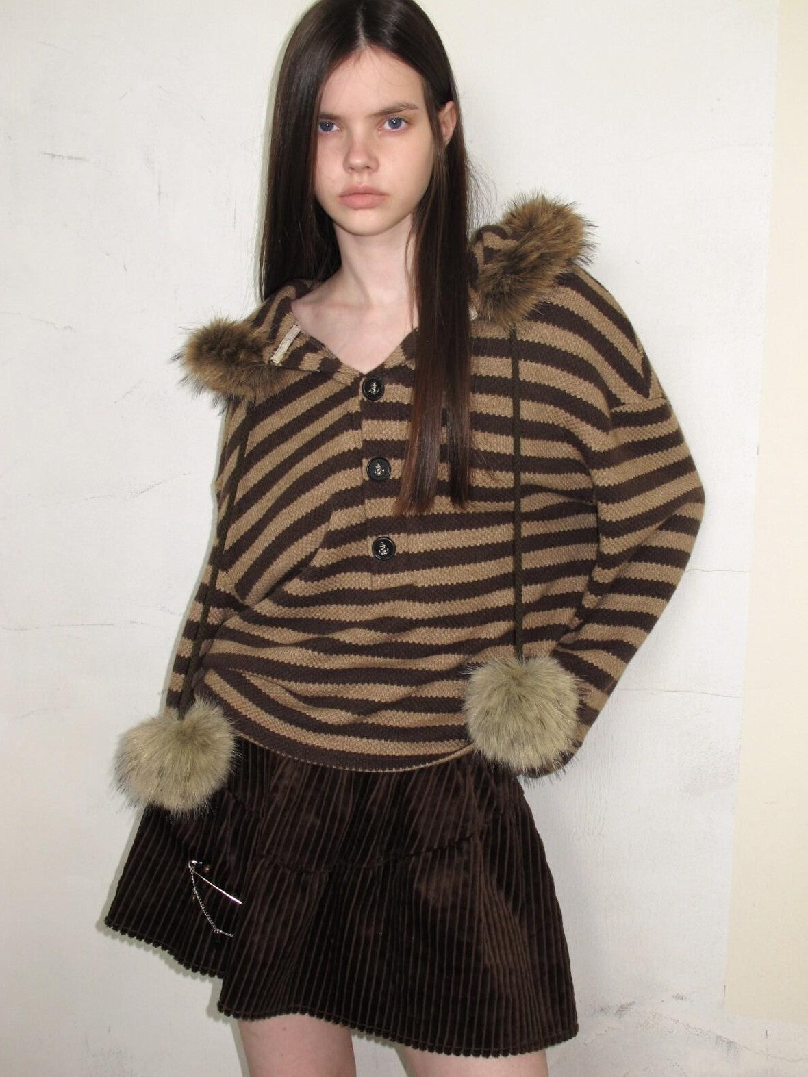 UNIVERSE Vintage Slouchy Striped Pompom Fur Collar Hooded Women's Acrylic Blend Hoodies