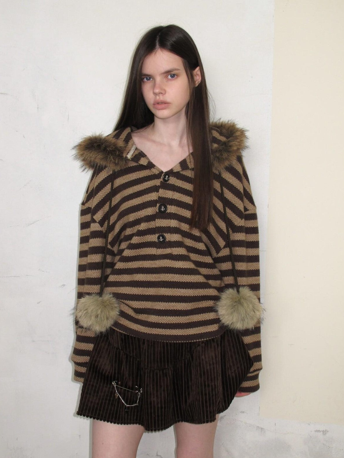 UNIVERSE Vintage Slouchy Striped Pompom Fur Collar Hooded Women's Acrylic Blend Hoodies