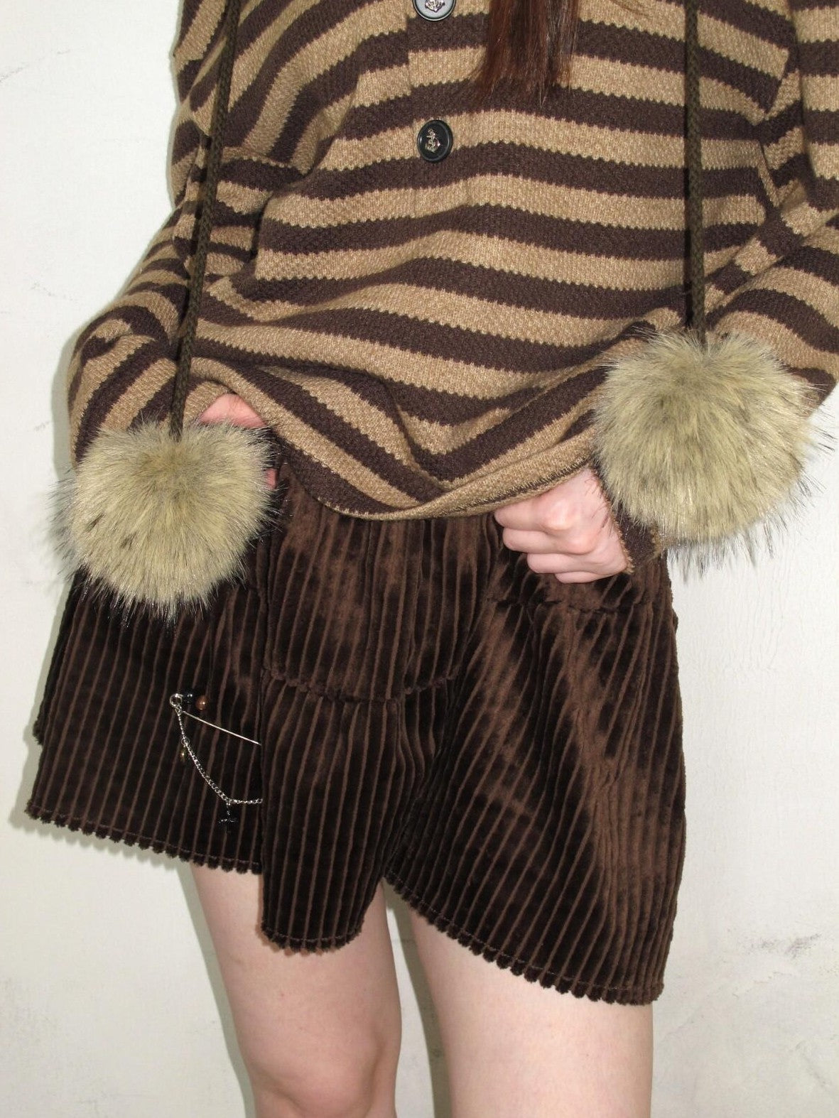 UNIVERSE Vintage Slouchy Striped Pompom Fur Collar Hooded Women's Acrylic Blend Hoodies