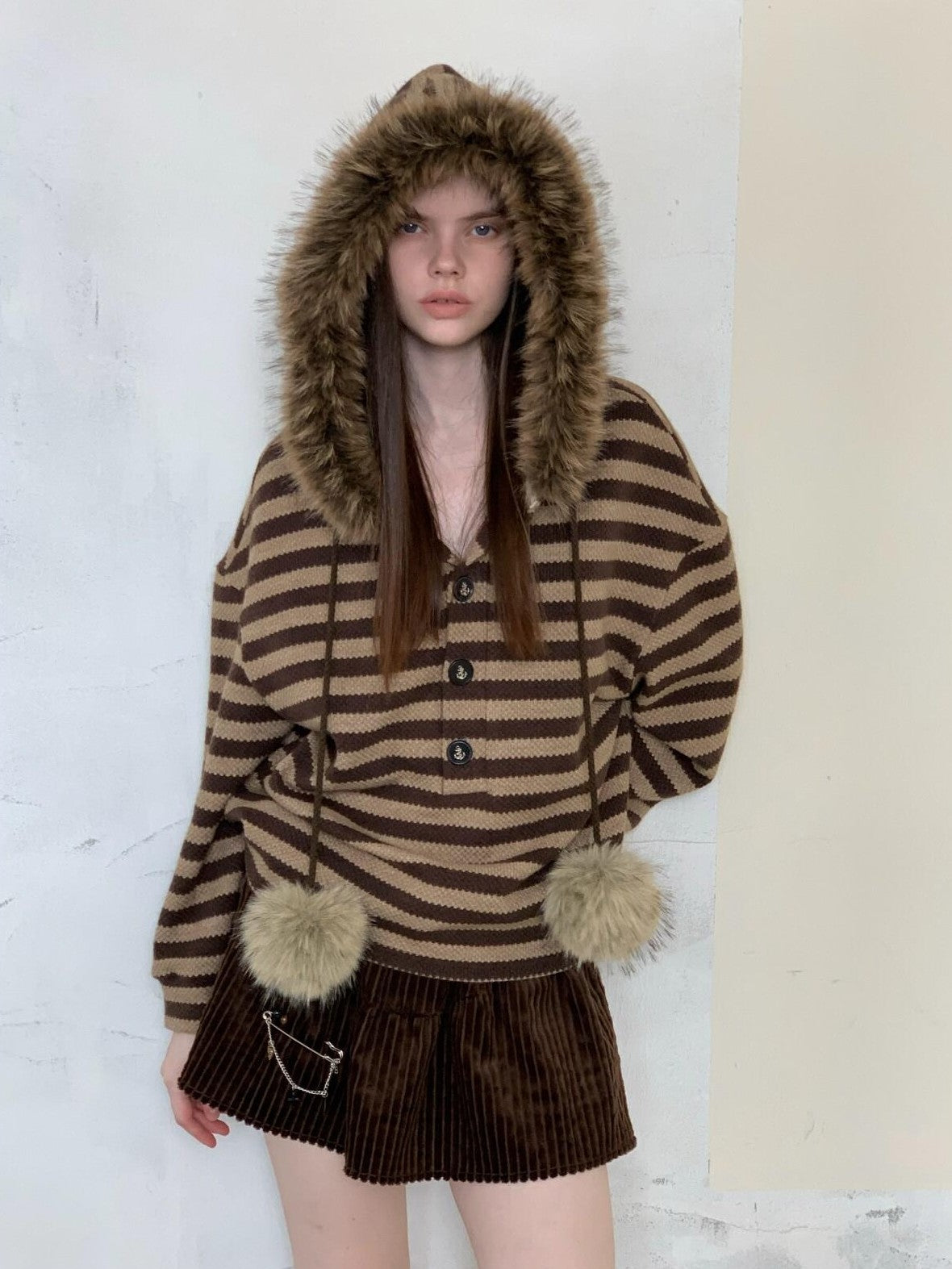 UNIVERSE Vintage Slouchy Striped Pompom Fur Collar Hooded Women's Acrylic Blend Hoodies