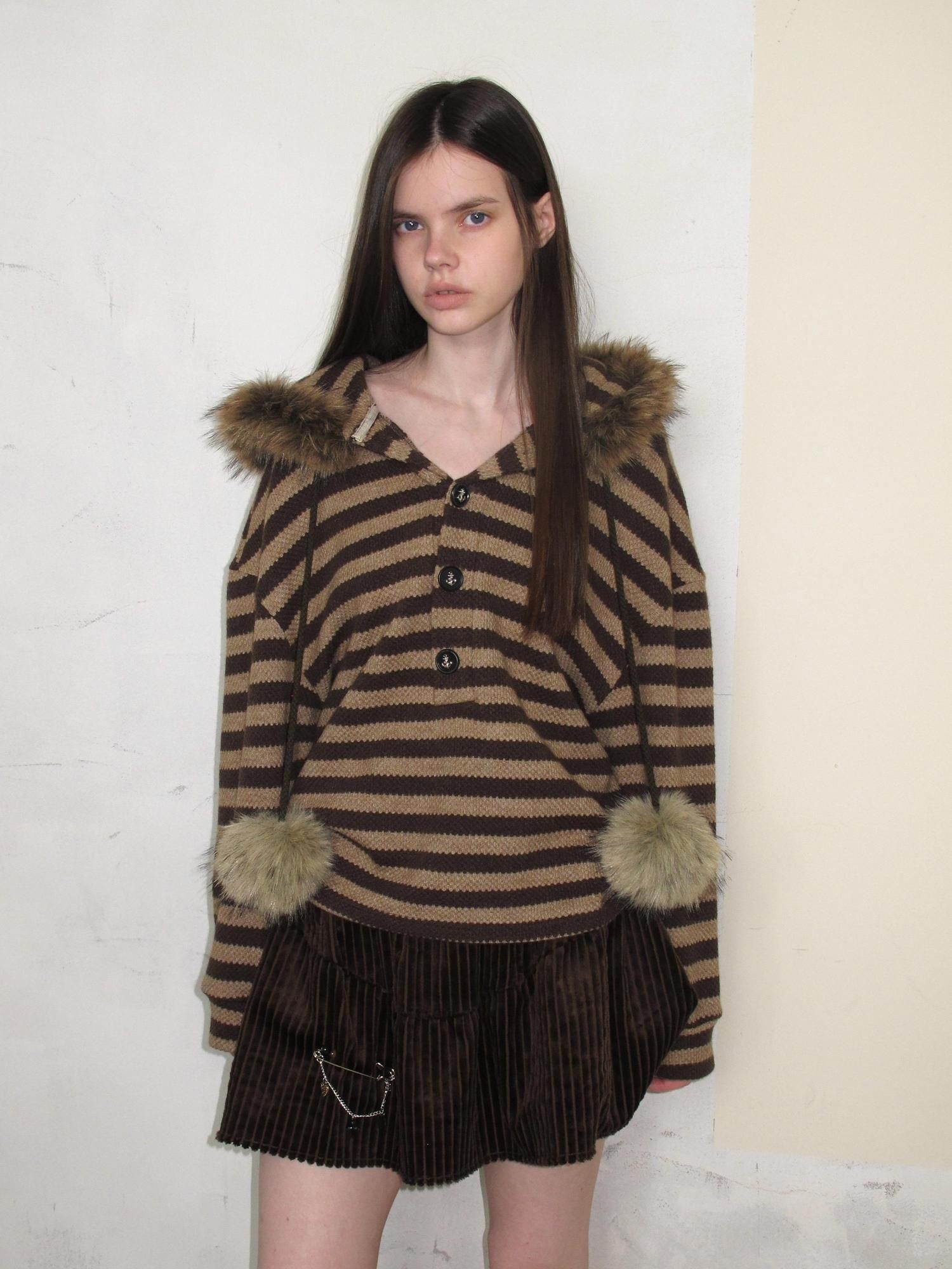 UNIVERSE Vintage Slouchy Striped Pompom Fur Collar Hooded Women's Acrylic Blend Hoodies