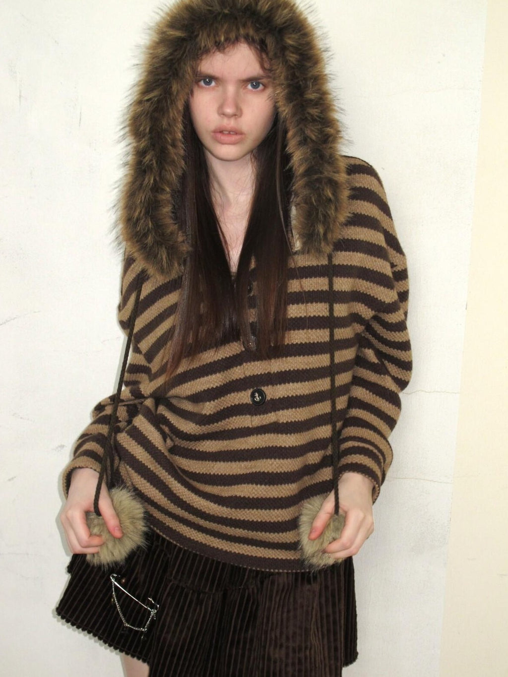 UNIVERSE Vintage Slouchy Striped Pompom Fur Collar Hooded Women's Acrylic Blend Hoodies