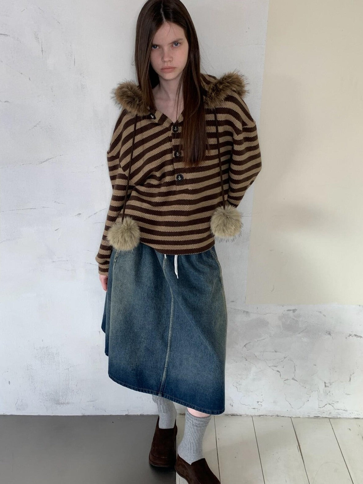 UNIVERSE Vintage Slouchy Striped Pompom Fur Collar Hooded Women's Acrylic Blend Hoodies