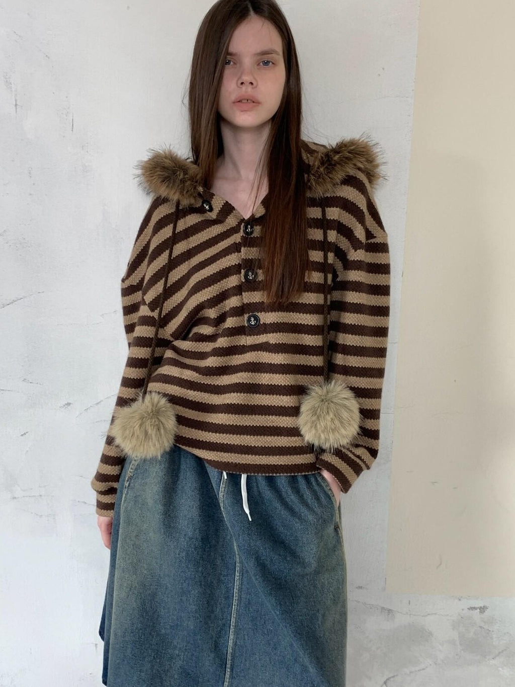 UNIVERSE Vintage Slouchy Striped Pompom Fur Collar Hooded Women's Acrylic Blend Hoodies