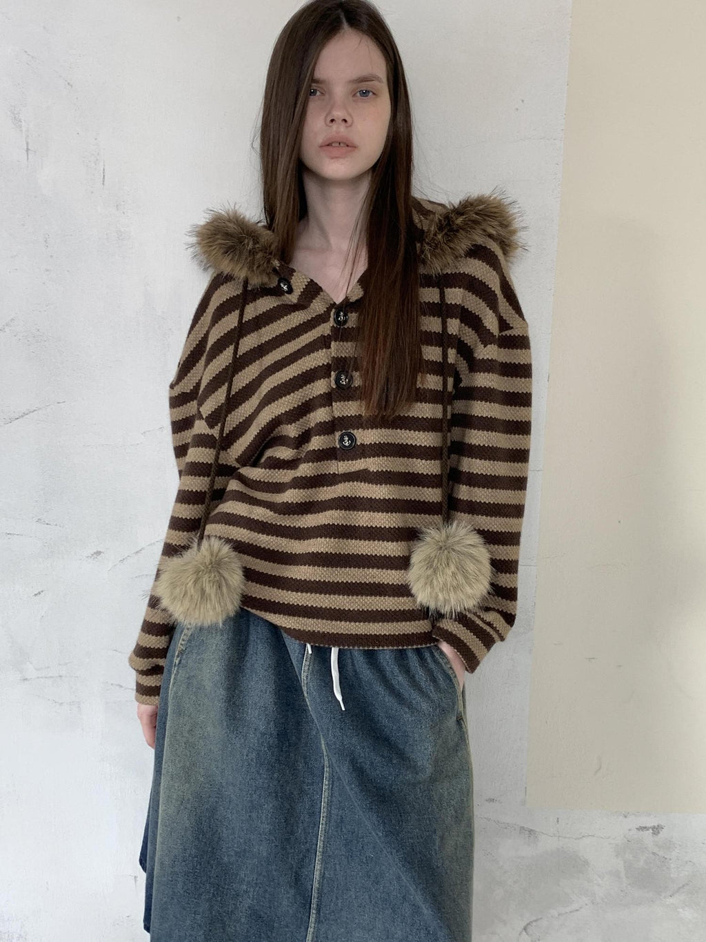 UNIVERSE Vintage Slouchy Striped Pompom Fur Collar Hooded Women's Acrylic Blend Hoodies