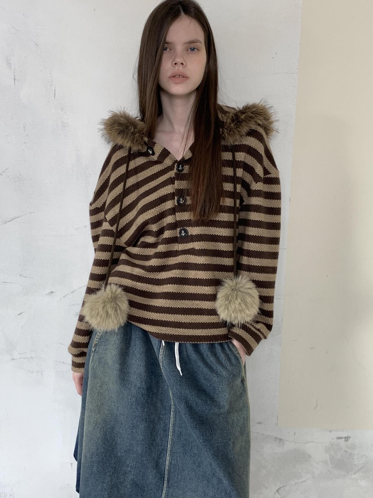 UNIVERSE Vintage Slouchy Striped Pompom Fur Collar Hooded Women's Acrylic Blend Hoodies