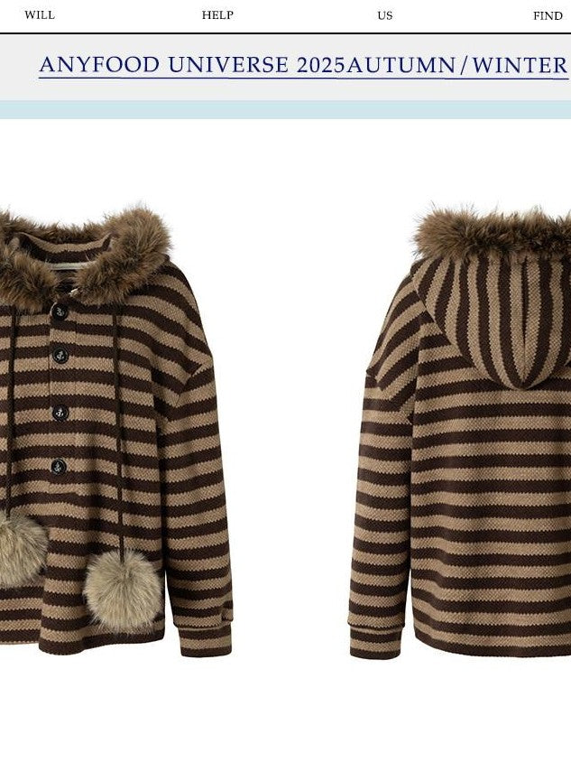 UNIVERSE Vintage Slouchy Striped Pompom Fur Collar Hooded Women's Acrylic Blend Hoodies