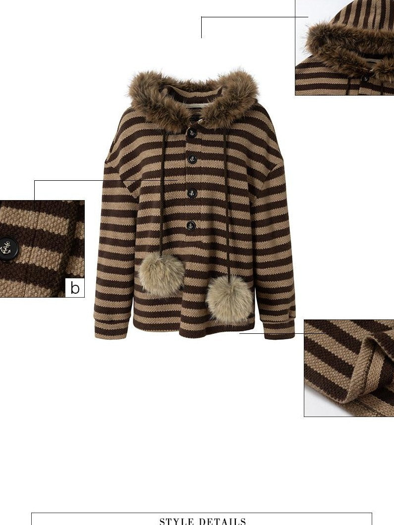 UNIVERSE Vintage Slouchy Striped Pompom Fur Collar Hooded Women's Acrylic Blend Hoodies