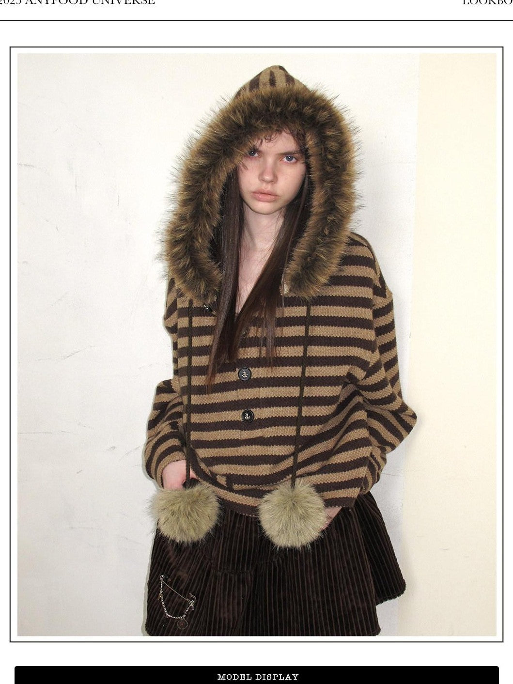 UNIVERSE Vintage Slouchy Striped Pompom Fur Collar Hooded Women's Acrylic Blend Hoodies