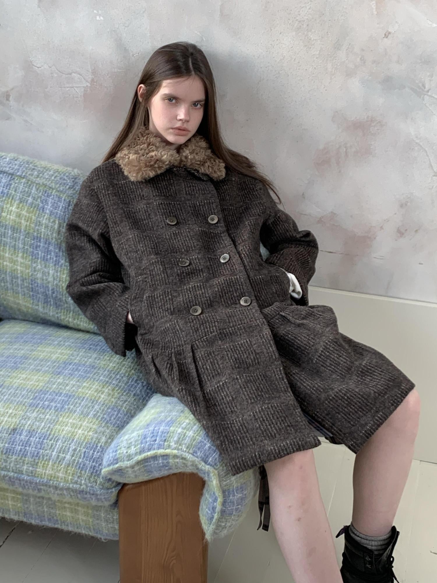 UNIVERSE Vintage Tartan Oversized Turn Down Collar Women's Wool Blend Wool Coats