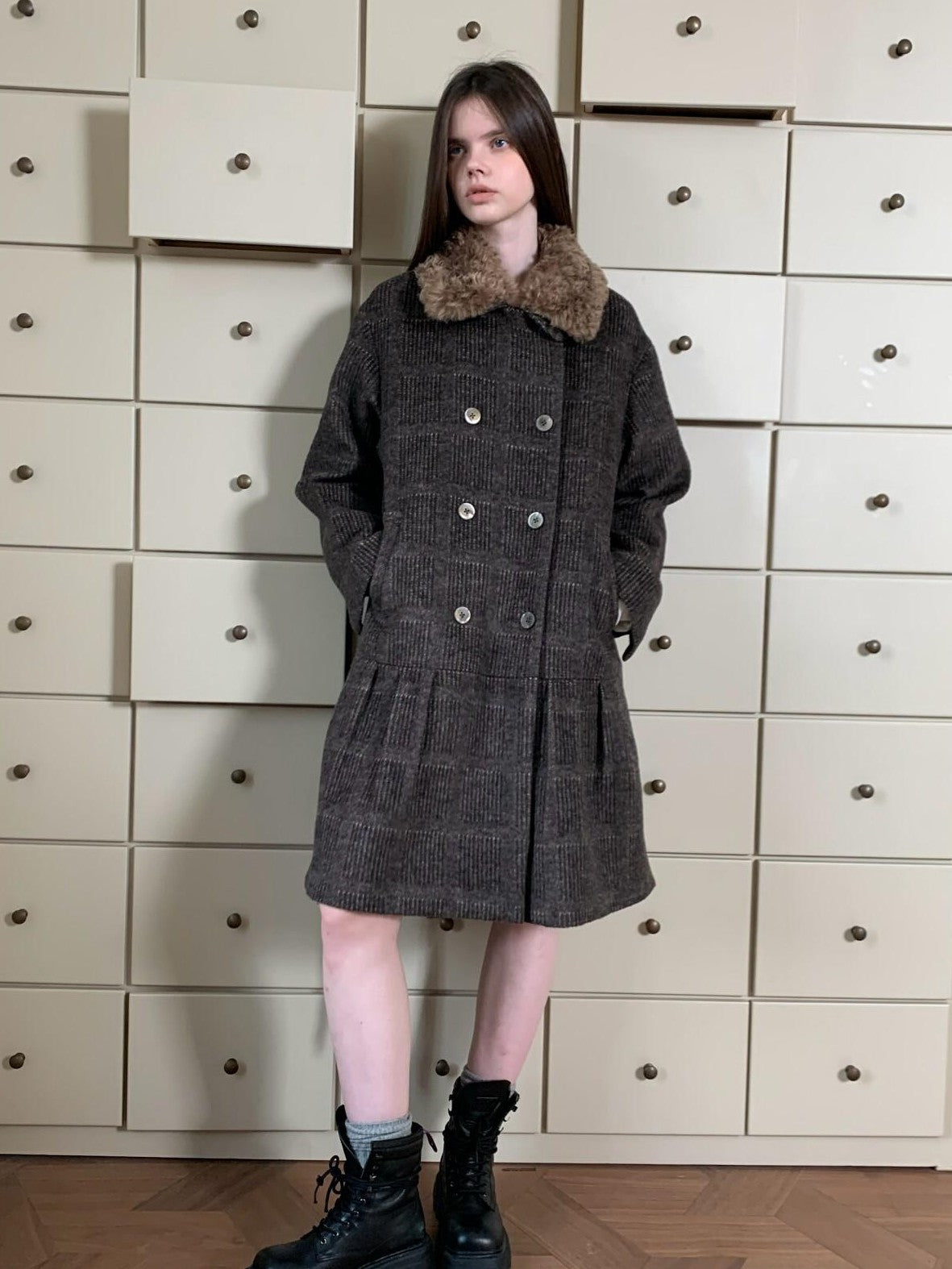UNIVERSE Vintage Tartan Oversized Turn Down Collar Women's Wool Blend Wool Coats