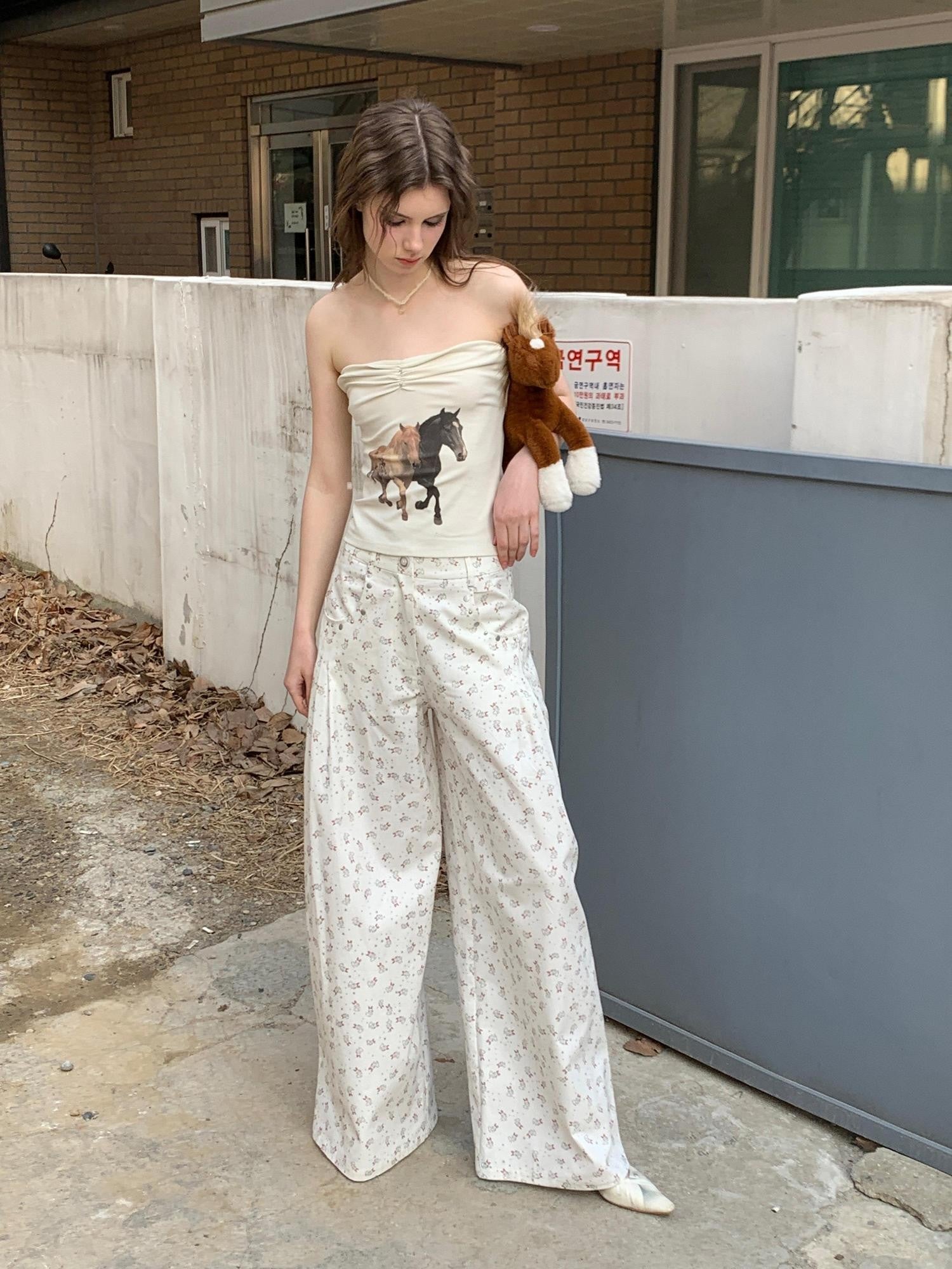 UNIVERSE Vintage Washed Rabbit Print Relaxed Fit Women's Cotton Straight-leg Pants