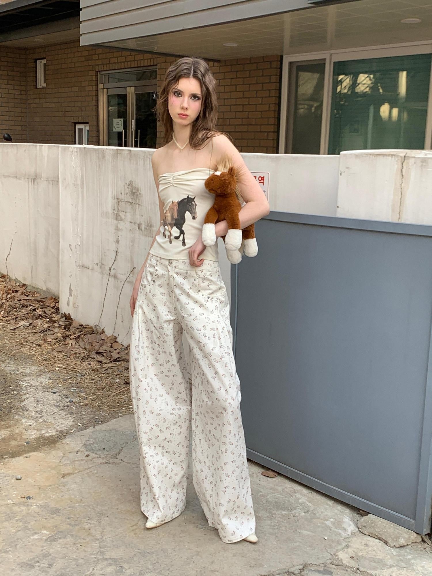 UNIVERSE Vintage Washed Rabbit Print Relaxed Fit Women's Cotton Straight-leg Pants