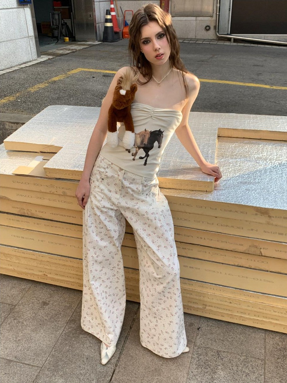 UNIVERSE Vintage Washed Rabbit Print Relaxed Fit Women's Cotton Straight-leg Pants