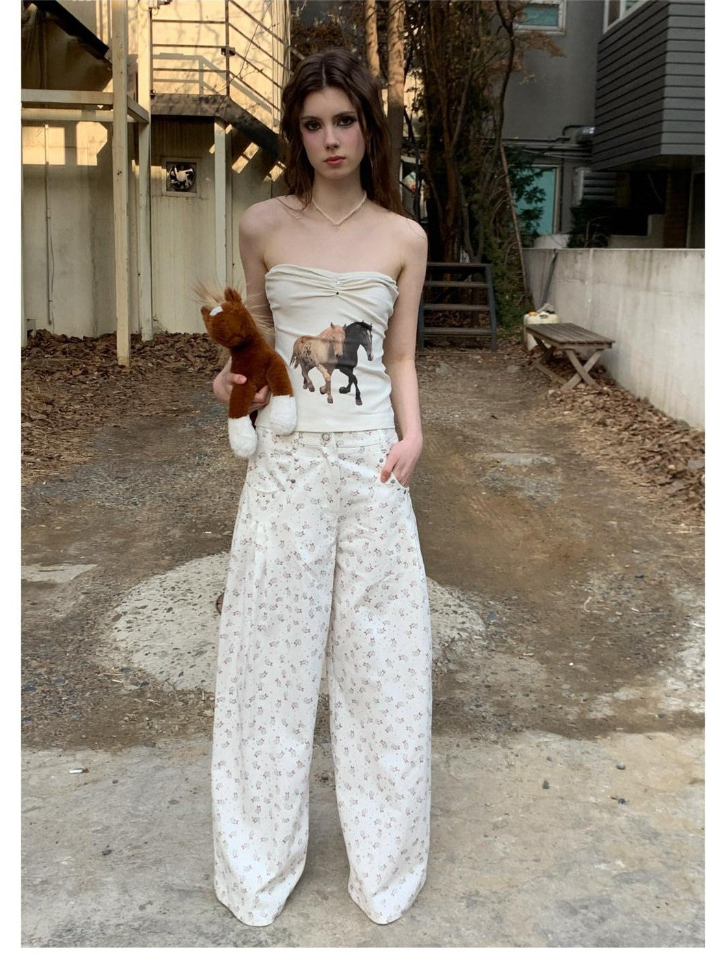 UNIVERSE Vintage Washed Rabbit Print Relaxed Fit Women's Cotton Straight-leg Pants
