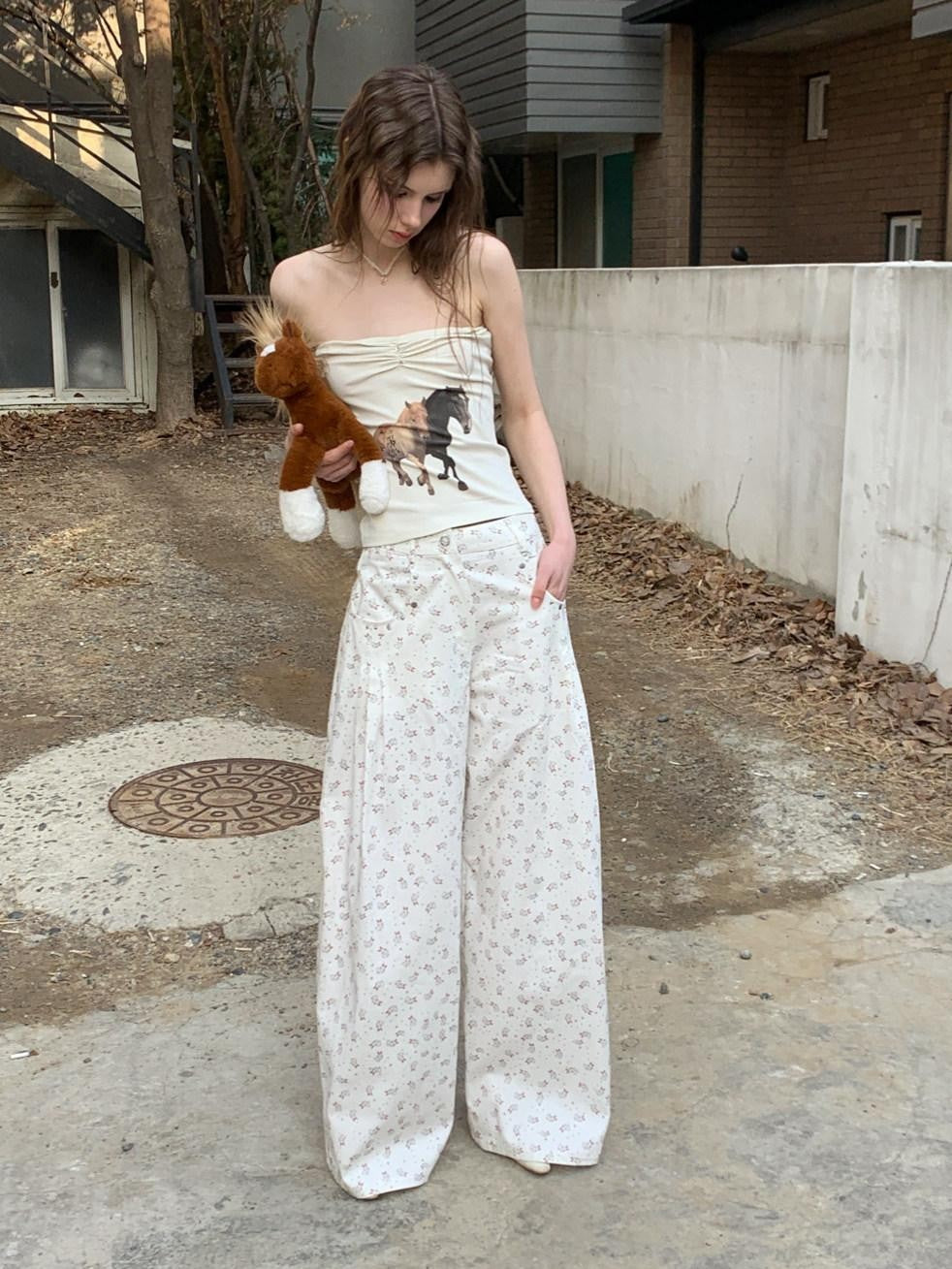 UNIVERSE Vintage Washed Rabbit Print Relaxed Fit Women's Cotton Straight-leg Pants