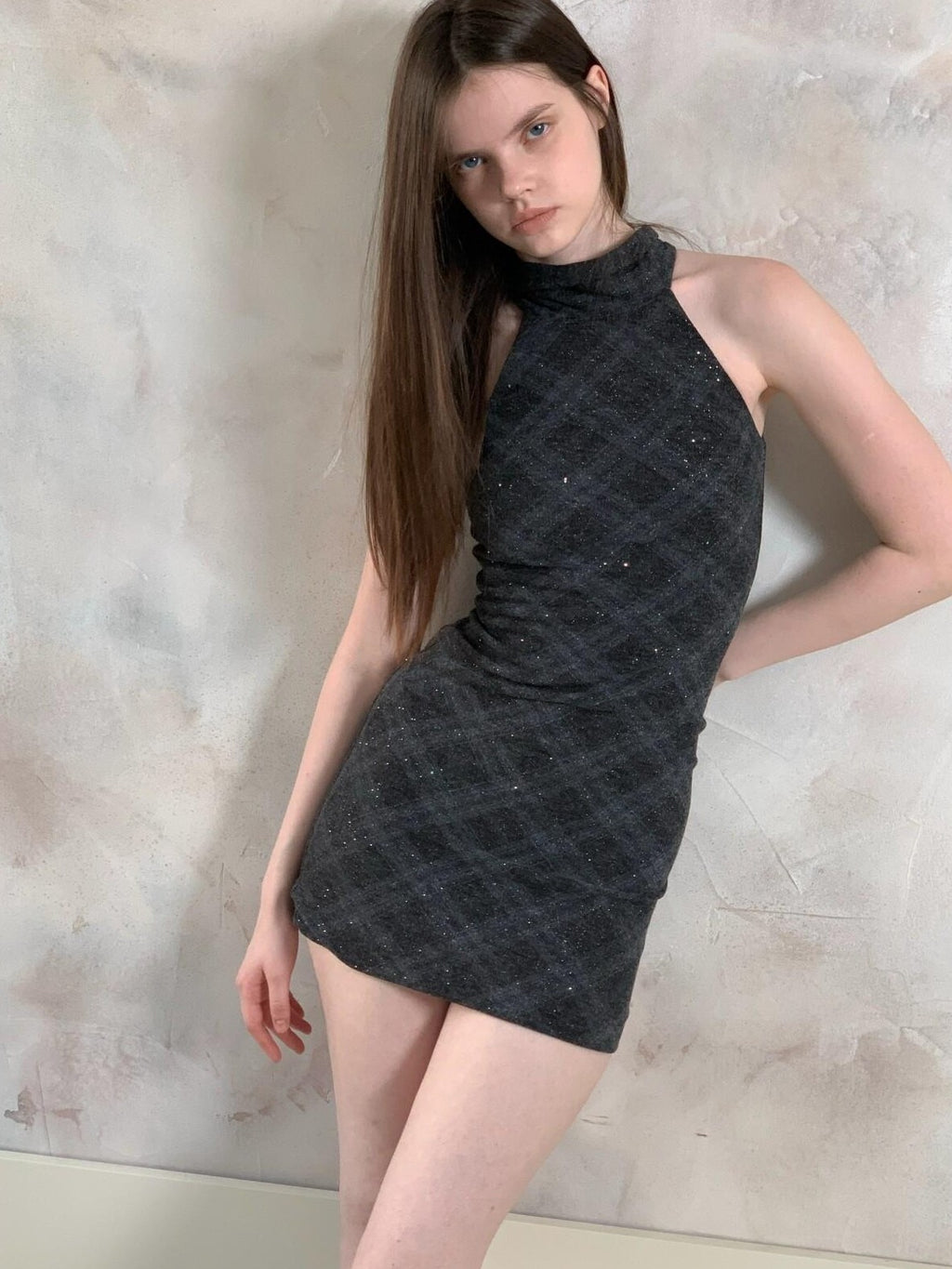UNIVERSE Vintage Windowpane Check Halter Neck Women's Polyester Bodycon Mini Dresses