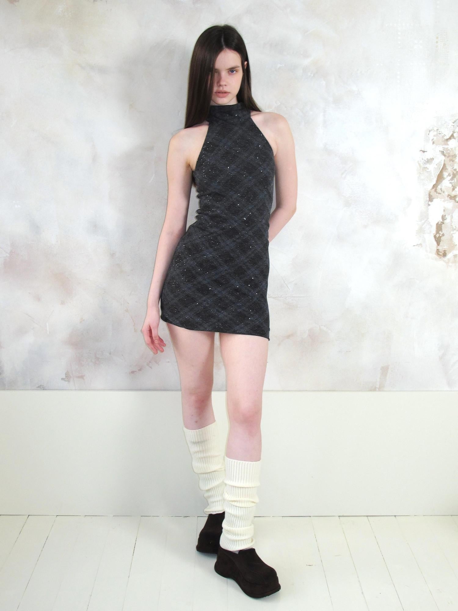 UNIVERSE Vintage Windowpane Check Halter Neck Women's Polyester Bodycon Mini Dresses