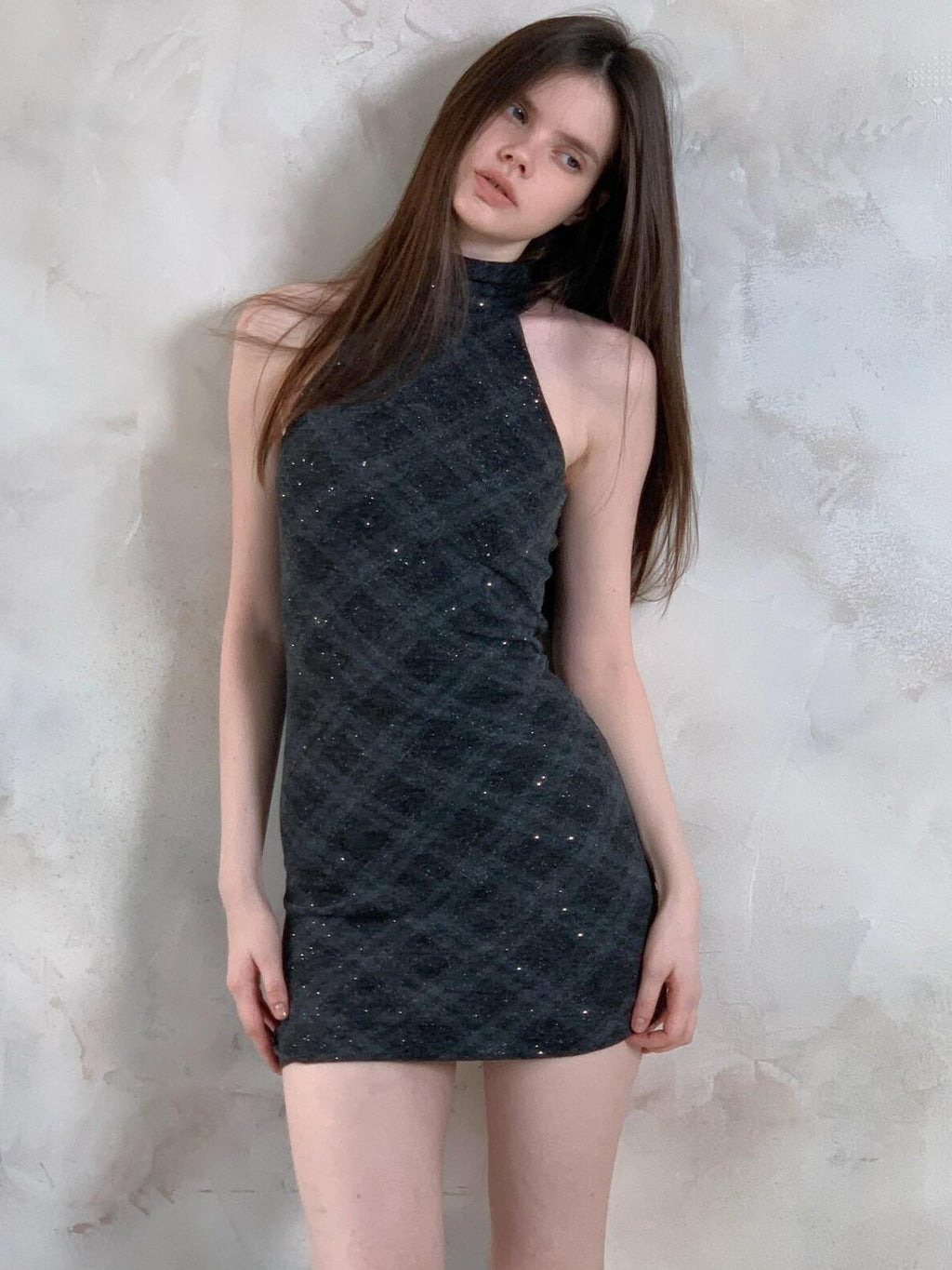 UNIVERSE Vintage Windowpane Check Halter Neck Women's Polyester Bodycon Mini Dresses