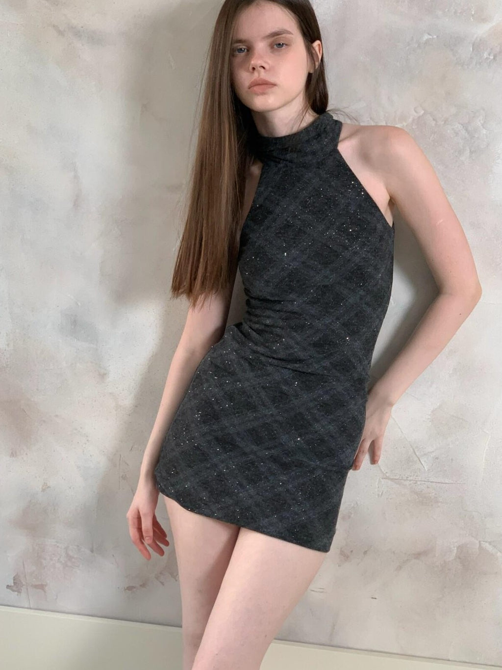 UNIVERSE Vintage Windowpane Check Halter Neck Women's Polyester Bodycon Mini Dresses