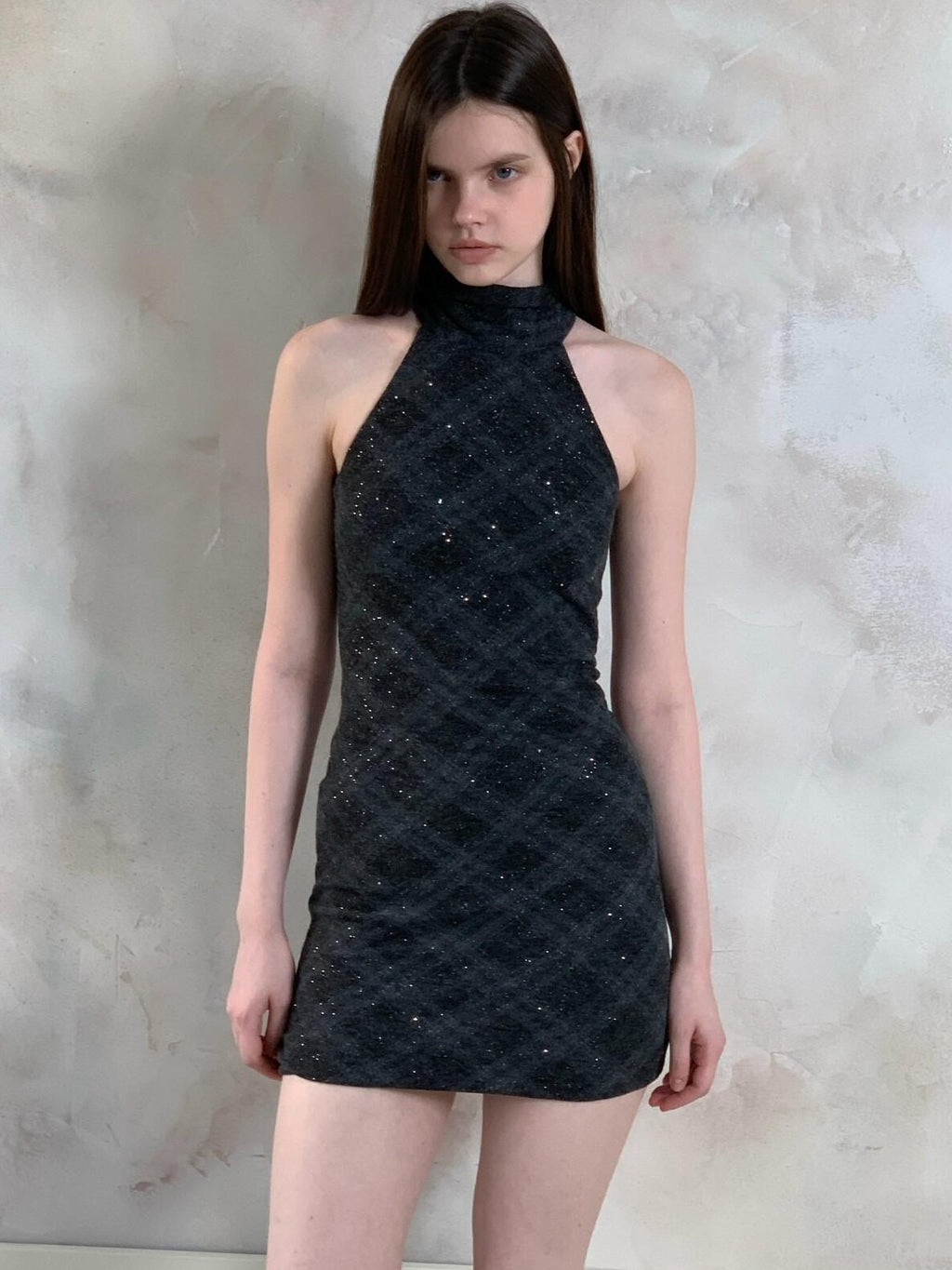 UNIVERSE Vintage Windowpane Check Halter Neck Women's Polyester Bodycon Mini Dresses