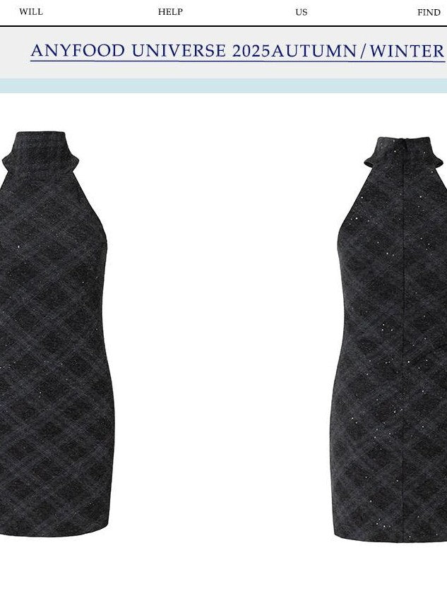 UNIVERSE Vintage Windowpane Check Halter Neck Women's Polyester Bodycon Mini Dresses