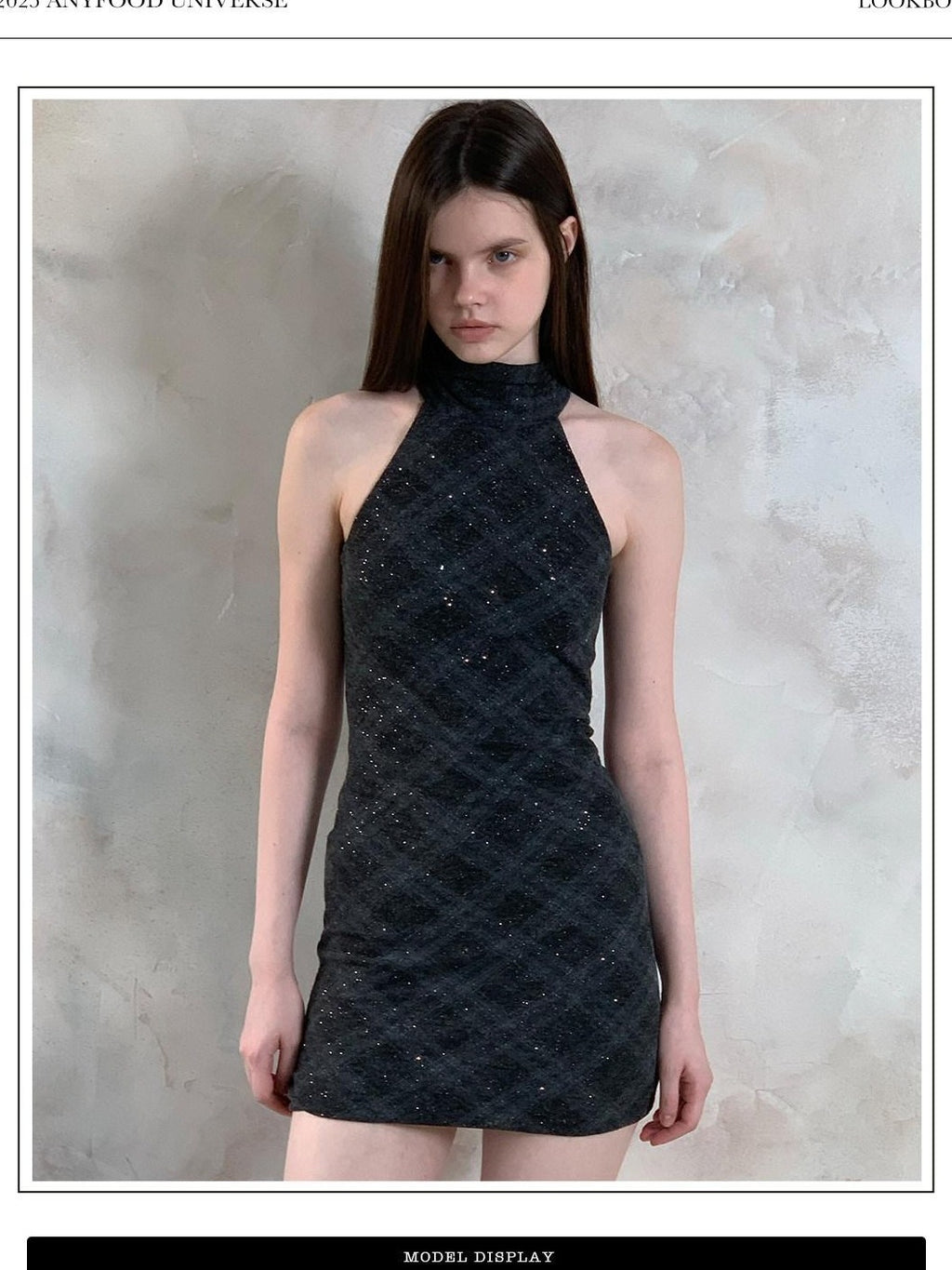 UNIVERSE Vintage Windowpane Check Halter Neck Women's Polyester Bodycon Mini Dresses