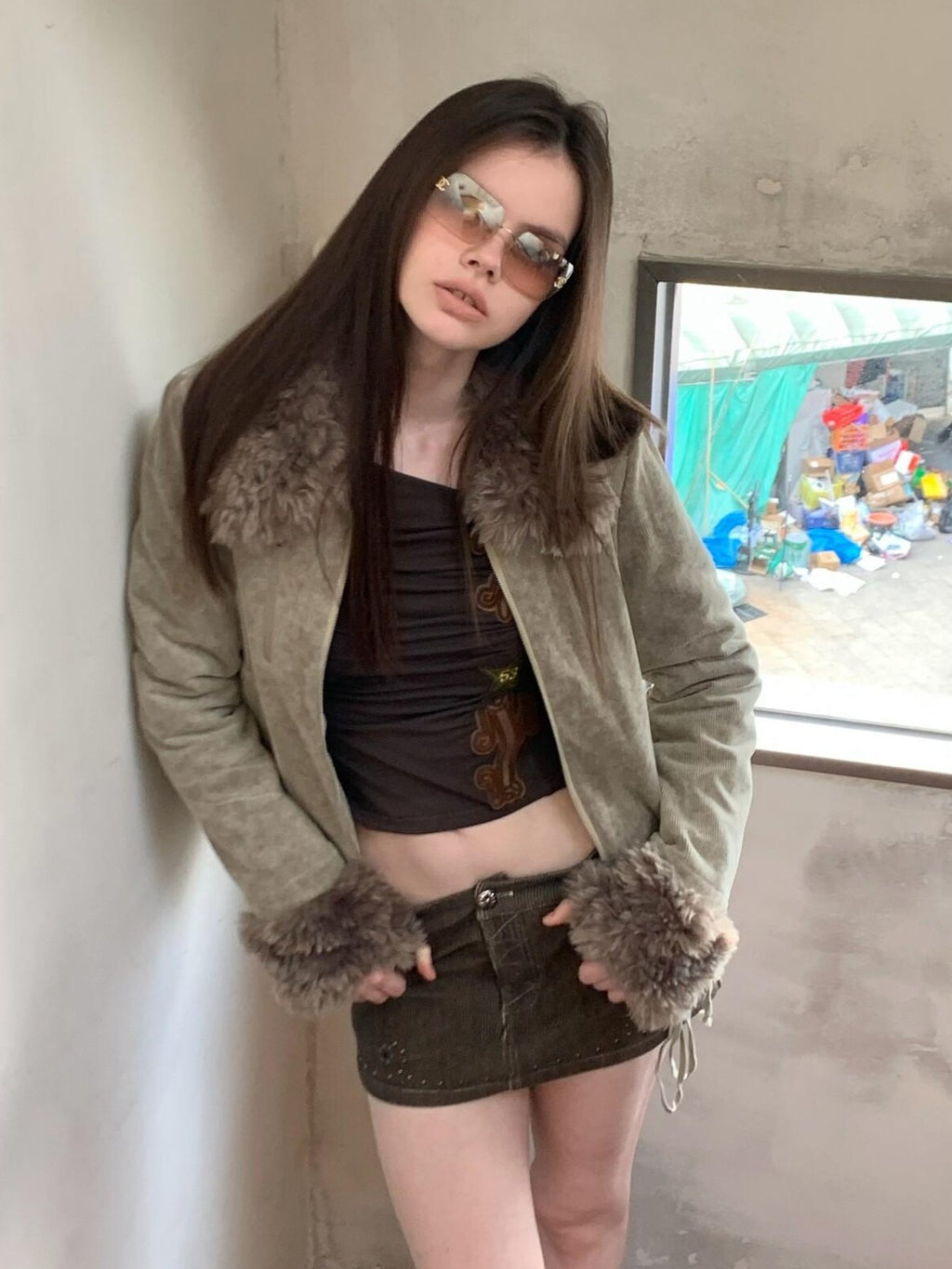 UNIVERSE Washed Corduroy Spliced Shearling Collar Hippie Women's Cotton Casual Jackets
