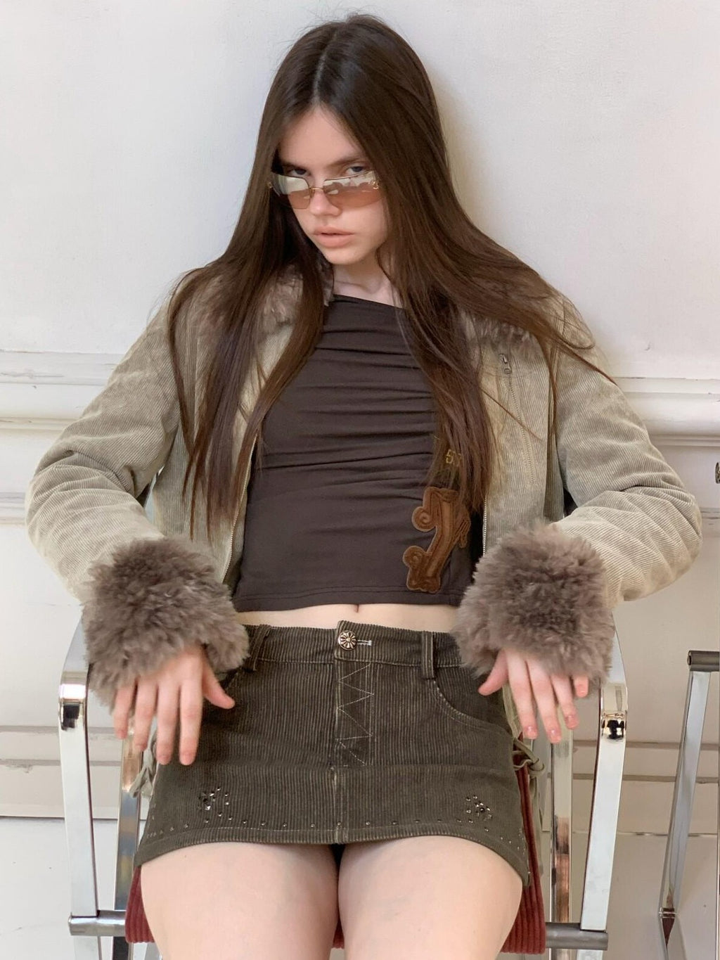 UNIVERSE Washed Corduroy Spliced Shearling Collar Hippie Women's Cotton Casual Jackets