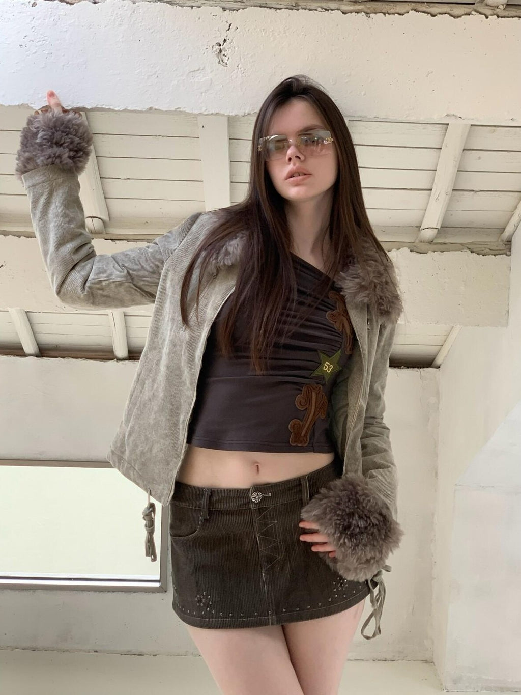 UNIVERSE Washed Corduroy Spliced Shearling Collar Hippie Women's Cotton Casual Jackets