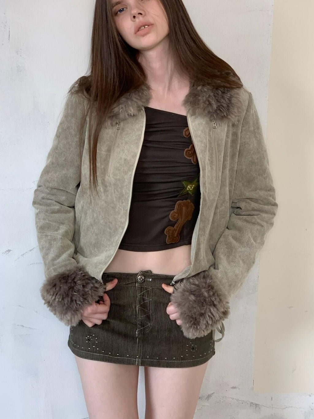 UNIVERSE Washed Corduroy Spliced Shearling Collar Hippie Women's Cotton Casual Jackets