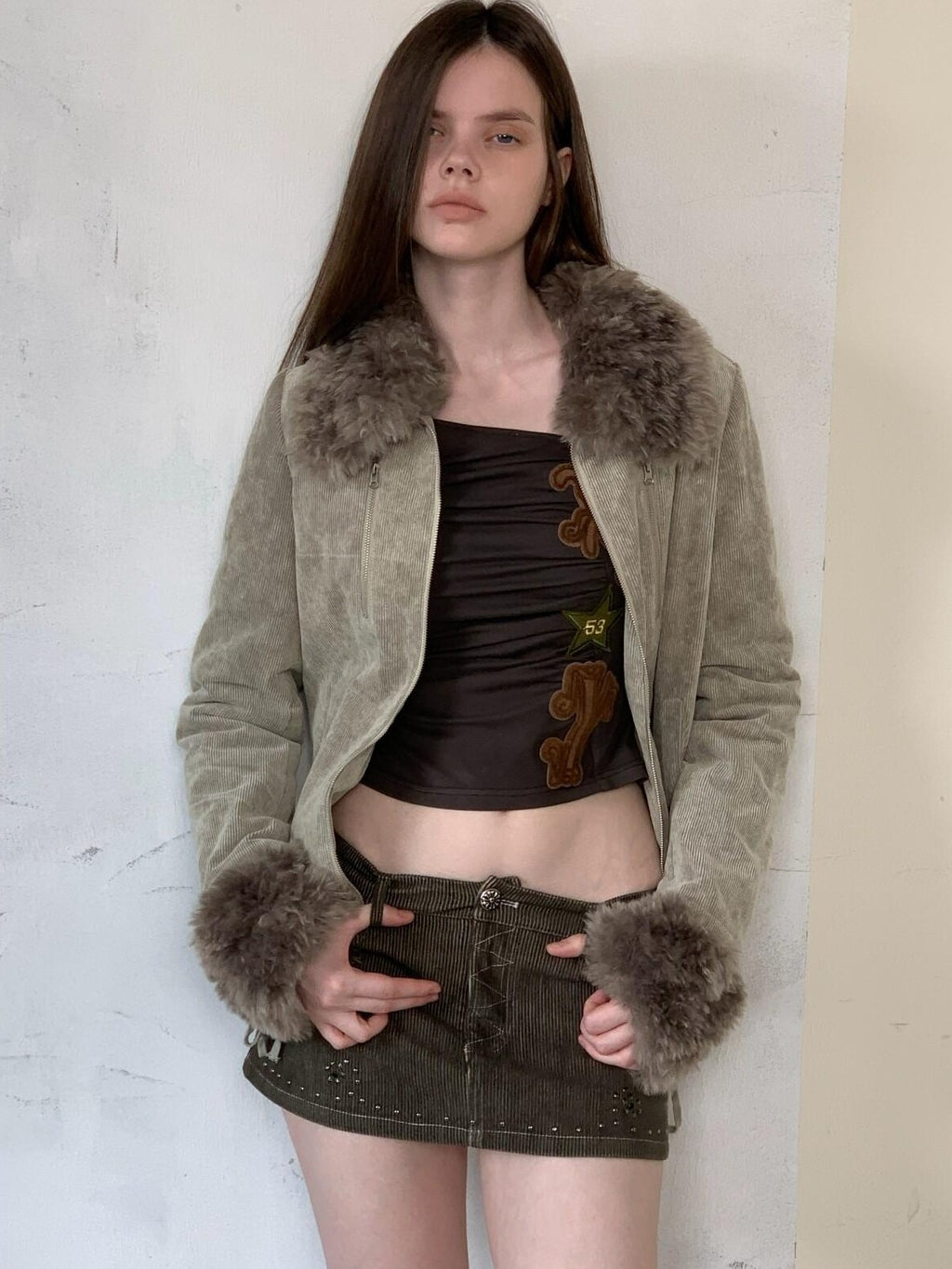 UNIVERSE Washed Corduroy Spliced Shearling Collar Hippie Women's Cotton Casual Jackets