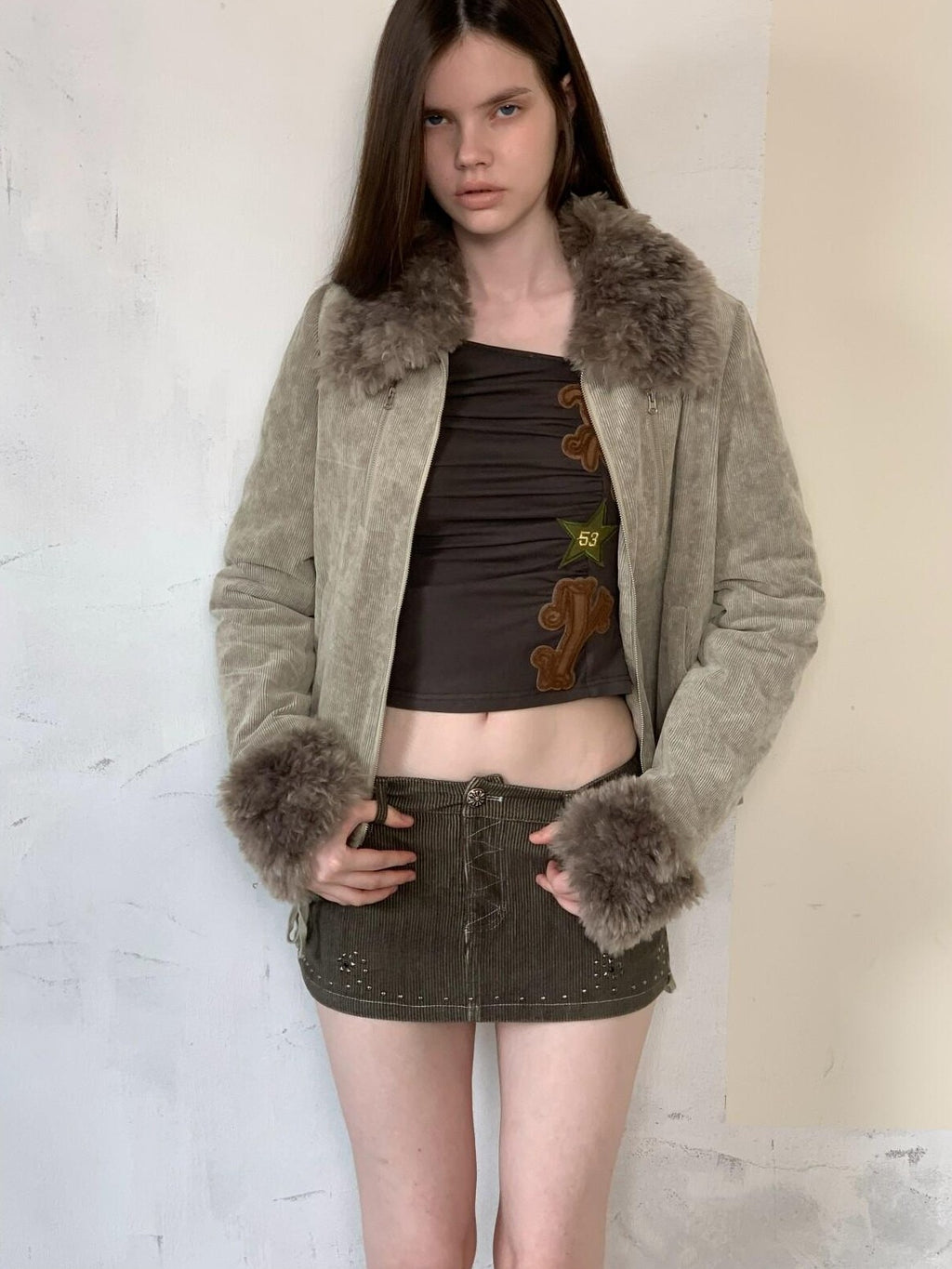 UNIVERSE Washed Corduroy Spliced Shearling Collar Hippie Women's Cotton Casual Jackets