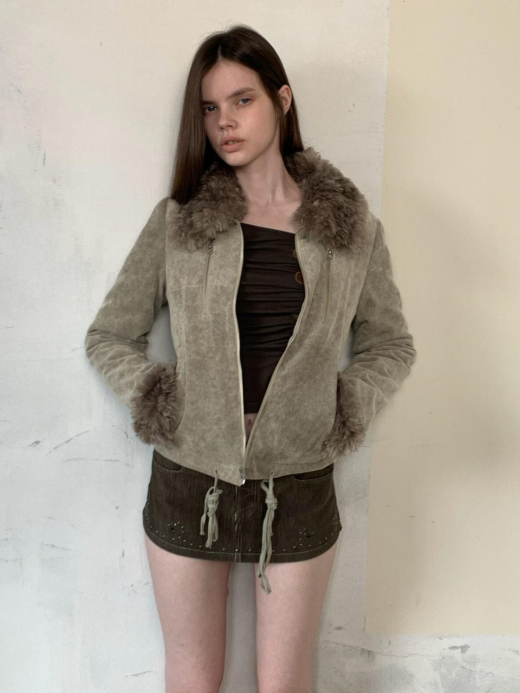 UNIVERSE Washed Corduroy Spliced Shearling Collar Hippie Women's Cotton Casual Jackets
