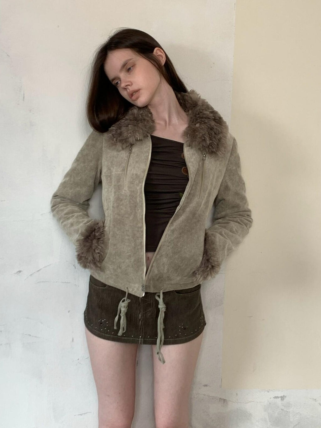 UNIVERSE Washed Corduroy Spliced Shearling Collar Hippie Women's Cotton Casual Jackets