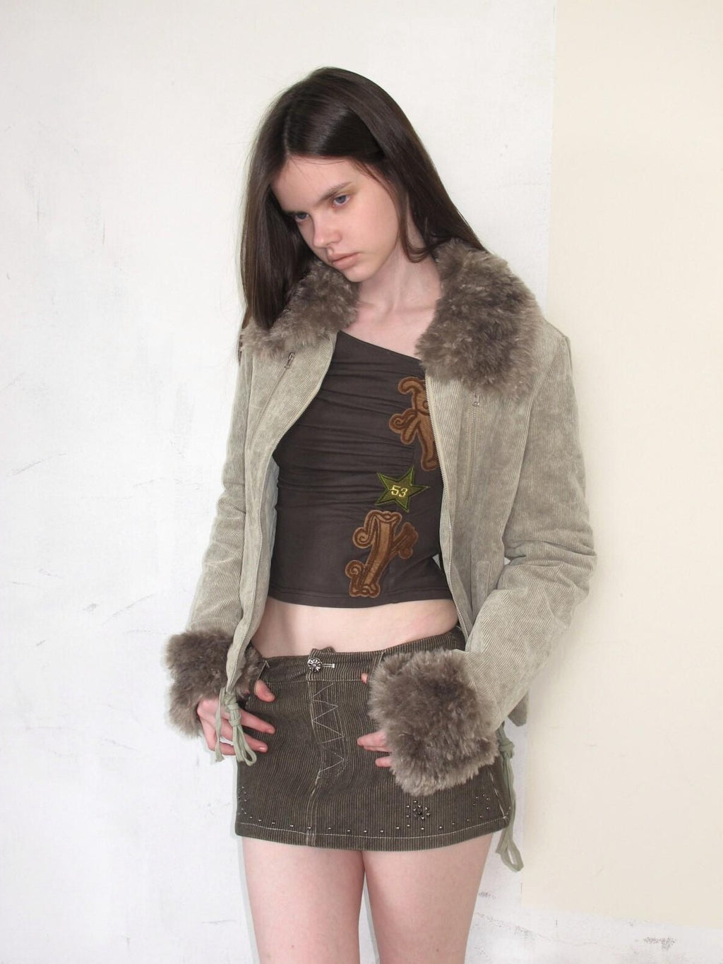 UNIVERSE Washed Corduroy Spliced Shearling Collar Hippie Women's Cotton Casual Jackets