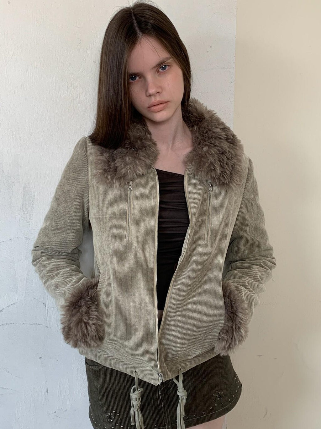 UNIVERSE Washed Corduroy Spliced Shearling Collar Hippie Women's Cotton Casual Jackets