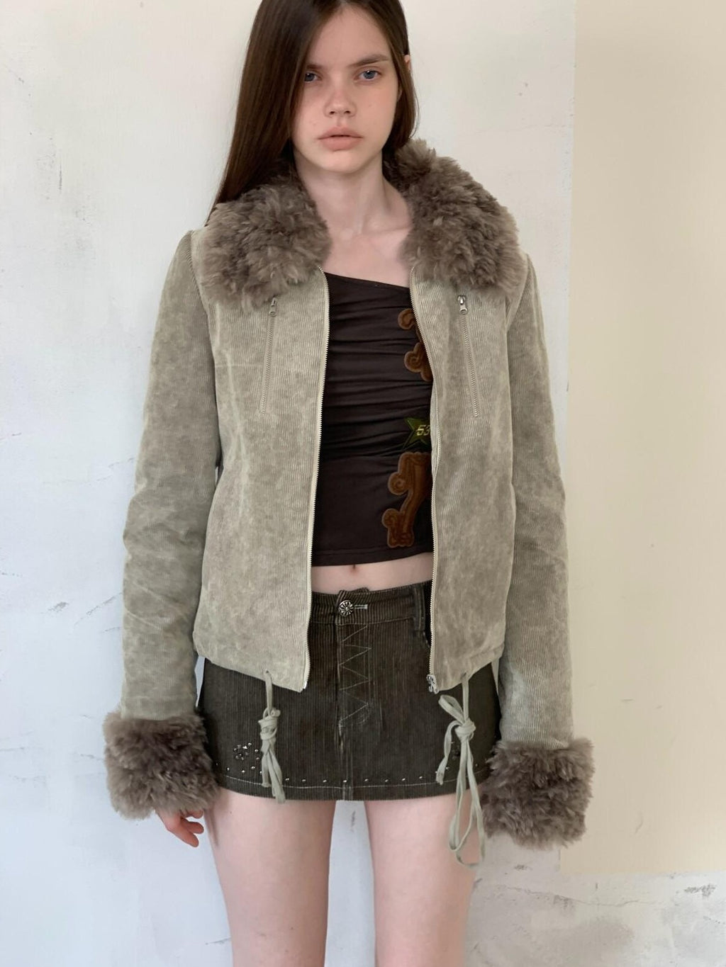 UNIVERSE Washed Corduroy Spliced Shearling Collar Hippie Women's Cotton Casual Jackets