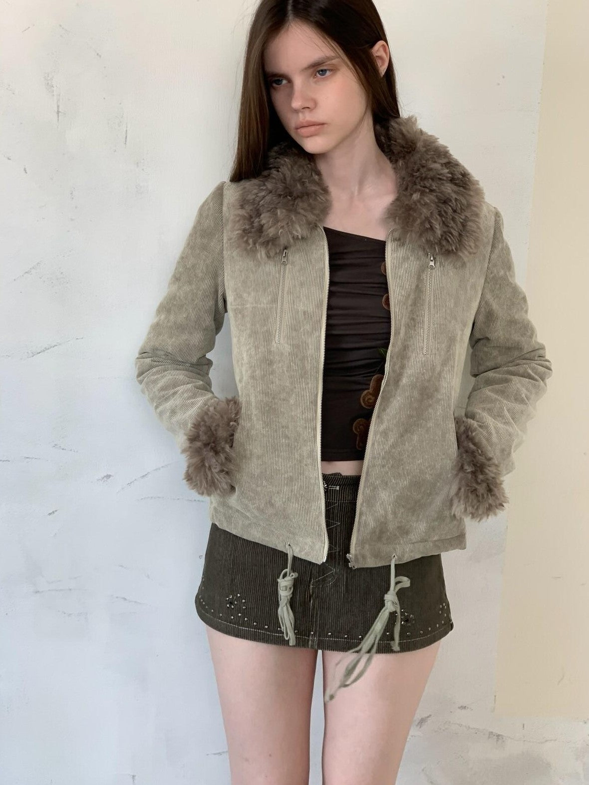 UNIVERSE Washed Corduroy Spliced Shearling Collar Hippie Women's Cotton Casual Jackets