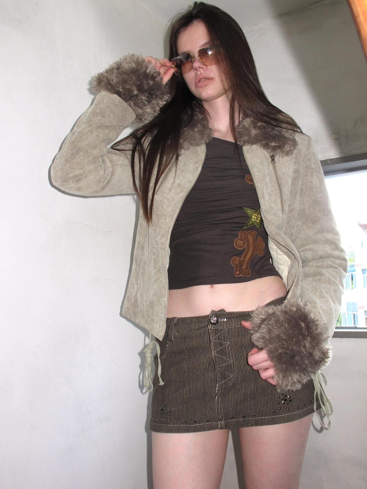 UNIVERSE Washed Corduroy Spliced Shearling Collar Hippie Women's Cotton Casual Jackets